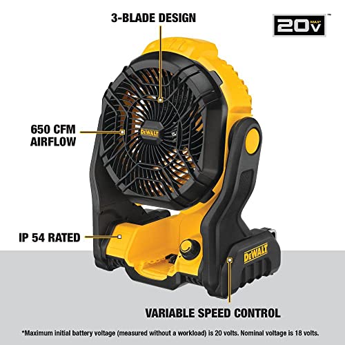 DEWALT 20V MAX Jobsite Fan, Cordless, Portable, Bare Tool Only (DCE512B), 12x8x14 inches, Yellow/Black - WoodArtSupply