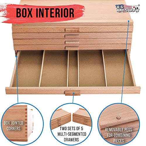 U.S. Art Supply 10 Drawer Wood Artist Supply Storage Box - Pastels, Pencils, Pens, Markers, Brushes US Art Supply
