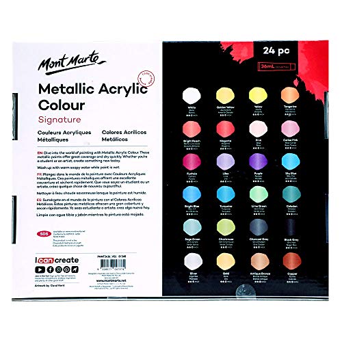 MONT MARTE Premium Metallic Acrylic Paint Set, 24 x 1.02oz (36ml) Tubes, 24 Colors, Suitable for Most Surfaces Including Canvas, Card, Paper and Wood MONT MARTE