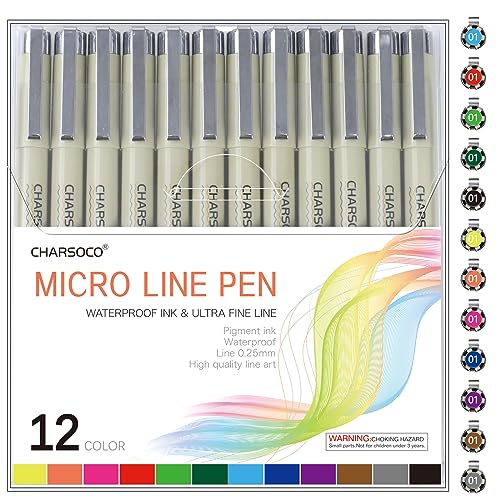 CHARSOCO 01 Micro Pen, Fine Point Pen with 12 Colors, Waterproof Archival Ink, 0.25mm Fineliner Ink Pens for Artist Illustration, Sketching, Anime, CHARSOCO