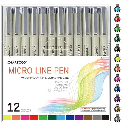 CHARSOCO 01 Micro Pen, Fine Point Pen with 12 Colors, Waterproof Archival Ink, 0.25mm Fineliner Ink Pens for Artist Illustration, Sketching, Anime, - WoodArtSupply