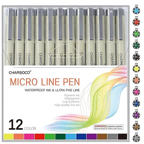 CHARSOCO 01 Micro Pen, Fine Point Pen with 12 Colors, Waterproof Archival Ink, 0.25mm Fineliner Ink Pens for Artist Illustration, Sketching, Anime, CHARSOCO