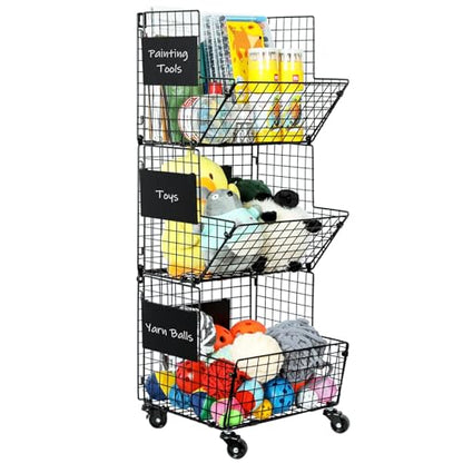 3 Tier Rolling Wire Toy Organizer Basket - with Wheel, S-Hooks, Adjustable Chalkboards - Toy Storage Cart Wall Bookshelf for Kids Room, Playroom,