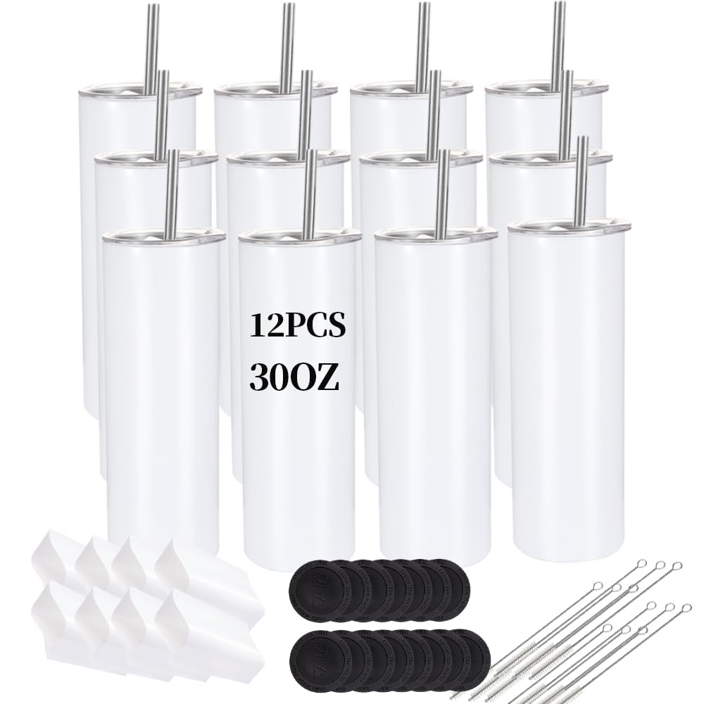 YOUKE OLA 12 Pack Sublimation Tumblers Bulk 30oz - Blank Straight Skinny Tumbler Stainless Steel Insulated Sublimation Tumblers Polymer Coating for YOUKE OLA