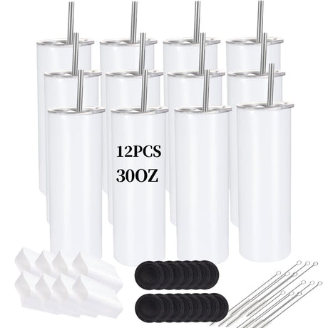 YOUKE OLA 12 Pack Sublimation Tumblers Bulk 30oz - Blank Straight Skinny Tumbler Stainless Steel Insulated Sublimation Tumblers Polymer Coating for YOUKE OLA