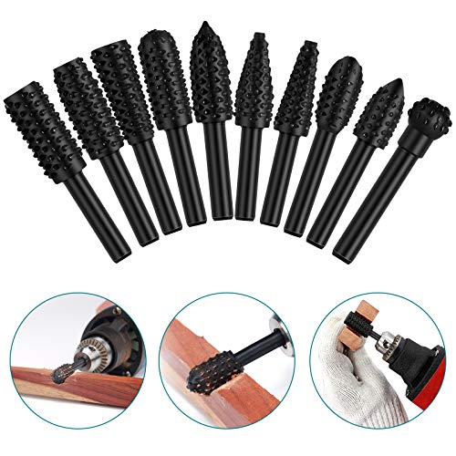 EEEkit 10PCS Wood Carving File Rasp Drill Bit, 1/4" 6mm Rotary Rasp Drill Bit Set, DIY Woodworking Rotating Embossed Chisel Shaped Shank Tool Burr - WoodArtSupply