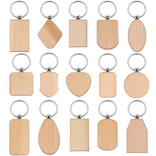MIKIMIQI 15 Pcs Wood Engraving Blanks Wooden Keychain Blanks Assorted Unfinished Wooden Key Tag Key Ring for DIY Gift Crafts Laser Engraving Wood Key
