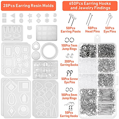 Resin Molds for Jewelry, Paxcoo 678pcs Earring Making Kit with 28pcs Epoxy Molds and 650pcs Earring Hooks, Jump Rings for Pendants, Resin Crafts, DIY - WoodArtSupply