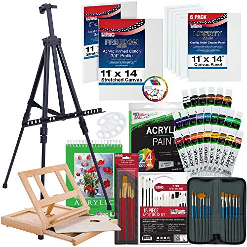 U.S. Art Supply 72-Piece Artist Acrylic Painting Set with Aluminum Field Easel, Wood Table Easel, 24 Acrylic Paint Colors, 34 Brushes, 2 Stretched - WoodArtSupply