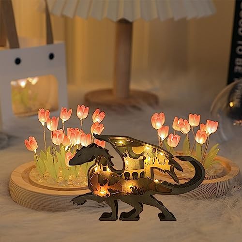 Edlike Dragon Figurine Decor, Lighted Up Wooden Centerpiece Animal Table Decorations, 3D Multilayer Castle Wall Art Carved Dragon Decor, Dragon Decor for Home Office Bookshelf,Glowing Dragon Decor