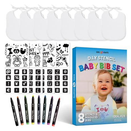 Baby Bibs Set - 2 Ply Knit Terry Solid White Feeder Bibs - Kit Includes, 8 Bibs, 8 Fabric Markers, 8 Stencils, - Baby Gifts - Registry For Baby - KOOL KRAFTS