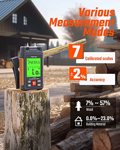 TopTes TS-630 Wood Moisture Meter for Firewood/Drywall, 2.25-inch LCD Screen with 3 Color Backlight Dry-Moisture-Wet Display, 2 Mode 7 Calibration