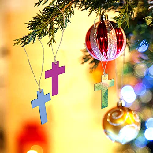 yueton 24pcs Cross Wooden Hanging Ornaments, Unfinished Blank Wood Pieces Wood Slices Wood Chips Embellishments, Wooden Gift Tags