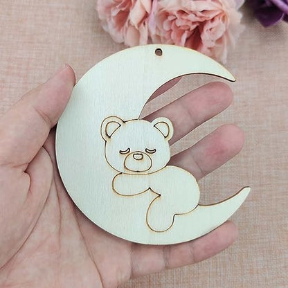 Creaides 20pcs Moon Bear Wood DIY Crafts Cutouts Wooden Moon Bear Shaped Hanging Ornaments with Hole Hemp Ropes Gift Tags for Baby Shower Wedding