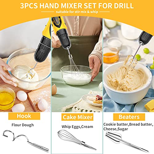 3-Piece Stainless Steel Hand Mixer Attachment Set - Whisk, Dough Hook, Egg Beater for Drills - Dishwasher Safe, 7.5 Inch (Drill Not Included) homicozy