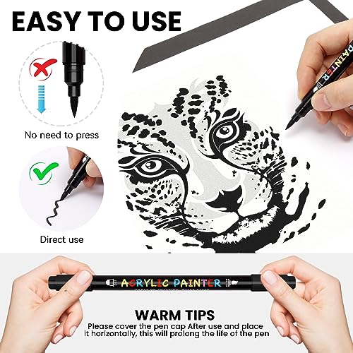 Tesquio Black Paint Marker, 8 Pack Dual Tip Acrylic Paint Pens with Medium Tip and Brush Tip, Ideal for Wood, Rock Painting, Canvas, Stone, Glass,