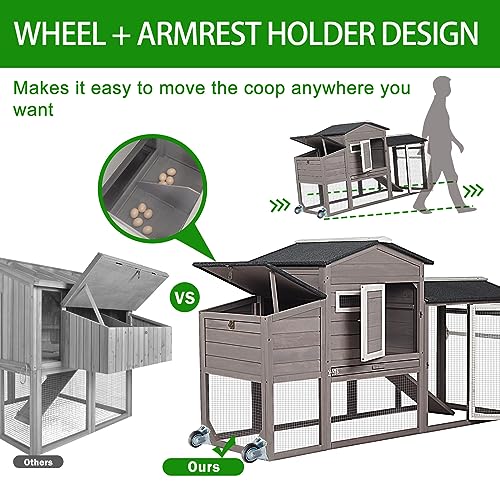 Gowoodhut Chicken Coop with Run Mobile Large Nesting Box - Back Yard Wooden Chicken House Outdoor Poultry Cage, UV Proof Asphalt Roof - WoodArtSupply