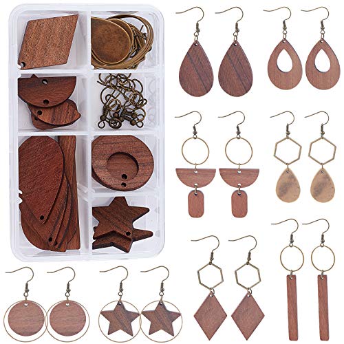 SUNNYCLUE 1 Box DIY 8 Pairs Wooden Dangle Earrings Geometric Wood Earrings Making Starter Kit with 16Pcs Earring Hooks 30Pcs Jump Rings for Women