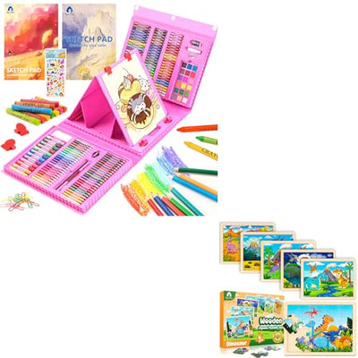 240 Piece Art Set & 6 Pack Wooden Dinosaur Puzzles for Kids