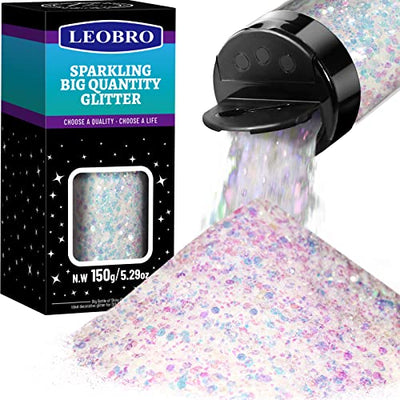 LEOBRO Holographic White Chunky Glitter, 150G/5.29OZ White Glitter, Glitter, Craft Glitter for Resin, Iridescent Chunky Glitter for Crafts Tumblers