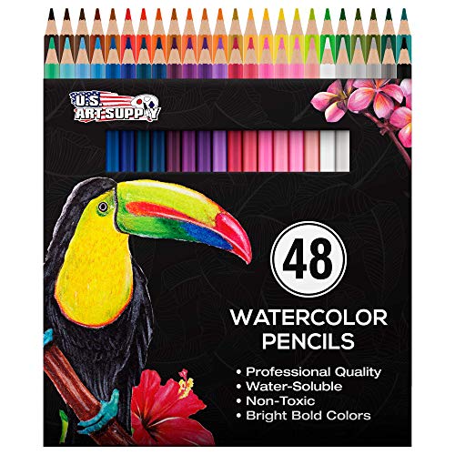 U.S. Art Supply 48 Piece Watercolor Artist Grade Water Soluble Colored Pencil Set, Full Sized 7 Inch Pencil Length - WoodArtSupply