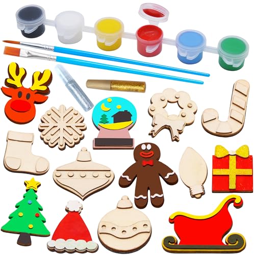 JOYIN 14 Christmas Wooden Magnet Creativity Arts & Crafts Painting Kit Decorate Your Own for Kids Paint Gift, Birthday Parties and Family Crafts,
