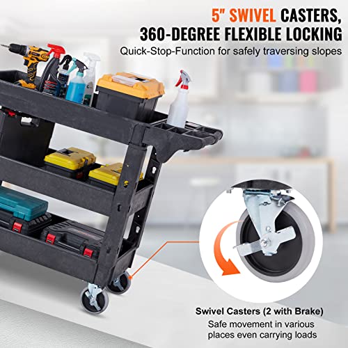 VEVOR Utility Service Cart, 3 Shelf 550LBS Heavy Duty Plastic Rolling Utility Cart with 360° Swivel Wheels (2 with Brakes), Medium Lipped Shelf, VEVOR