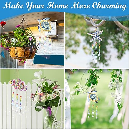 Anseal 3 Pack Diamond Art Suncatcher Wind Chime Kits for Adults Kids, Double Sided Crystal Sea Animals Diamond Painting Hanging Ornament Suncatchers Anseal