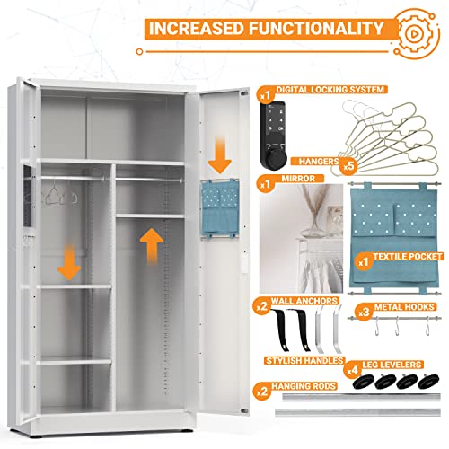 METALTIGER Office Metal Storage Cabinet Wardrobe - Metal Storage Locker with Locking Doors, Adjustable Shelf Height & Position, Removable Hanging