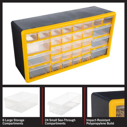 Stalwart 30-Drawer Small Part Organizer, 19.6" x 6.25" x 9.75", Yellow - WoodArtSupply