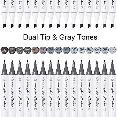 Shuttle Art 15 Colors Grey Tones Dual Tip Art Marker, Permanent Marker Pens Double Ended with Fine Bullet and Chisel Point Tips Perfect for - WoodArtSupply