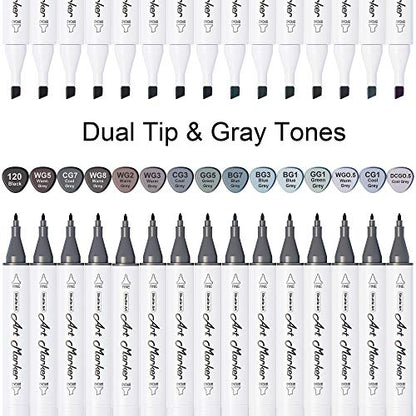 Shuttle Art 15 Colors Grey Tones Dual Tip Art Marker, Permanent Marker Pens Double Ended with Fine Bullet and Chisel Point Tips Perfect for - WoodArtSupply