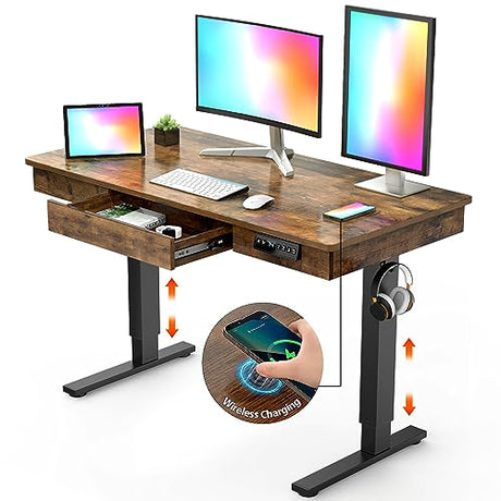 Yoimori Electric Standing Desk with Drawer,48 x 24 Inches Standing Desk Adjustable Height Desk with 12W Wireless Charging,One-Piece Wooden Desktop Yoimori