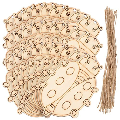 Sewroro Unfinished Ladybug Wood Slices: 50 Sets DIY Wooden Craft Cutout Drawing Painting Animals Wood Ornaments Gift Pieces Tags Hanging Sewroro