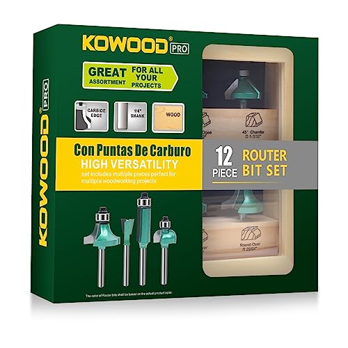 KOWOOD Pro Router Bits Sets of 12Z Pieces 1/4 Inch Shank, Professional Woodworking Tools (12Z 1/4 Shank) KOWOOD