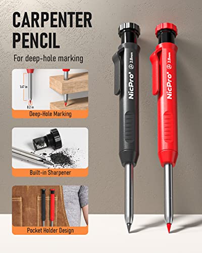 Nicpro Carpenter Pencil with Sharpener, Mechanical Pencils Set with 26 Refills, Deep Hole Marker for Construction, Heavy Duty Woodworking Pencils for - WoodArtSupply