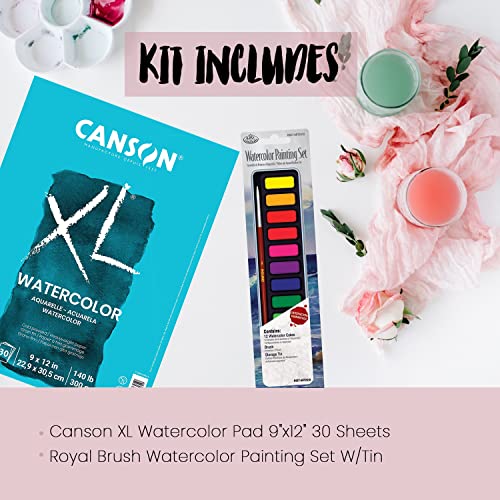 Canson XL Watercolor Pad 9"x12" 30 Sheets + Watercolor Painting Set W/Tin Canson