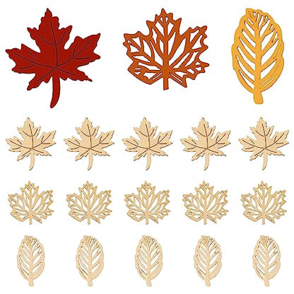 Honbay 60PCS Hollow Out Unfinished Blank Maple Leaves Wood Pieces Wood Slices Wood Chips Wooden Maple Shaped Embellishments Fall Leaf Wood Cutouts