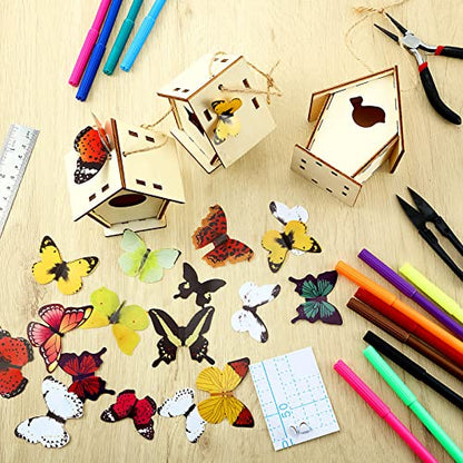 Wooden Birdhouse Craft Kits for Kids to Build, 4 Shapes Wooden Unfinished Bird House with Watercolor Pen and Butterfly Sticker for Boy Girl Children