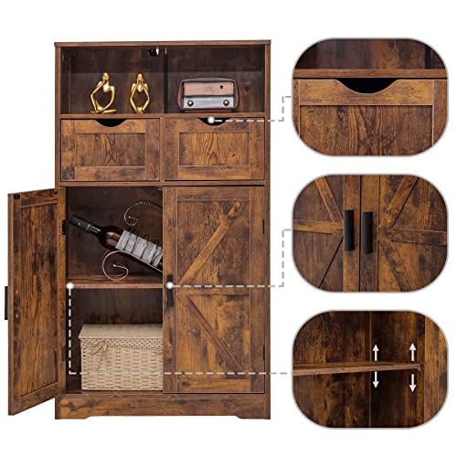 WEENFON Floor Storage Cabinet with 2 Adjustable Drawers & 2 Barn Doors, Standing Cupboard with 2 Shelf, for Living Room, Home Office, Kitchen, Rustic WEENFON
