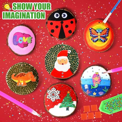 Christmas Wooden Arts and Crafts Kits for Kids Ages 6-8 Girls, 10 DIY Wood Slices with Gem Painting, Christmas Crafts Activities Gifts for Girls
