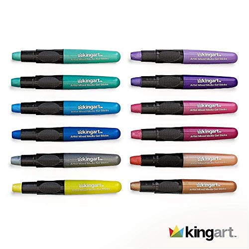 KINGART 581-12 Metallic GEL STICK Set, Artist Pigment Crayons, 12 Rich Metallic Colors, Water Soluble, Creamy, and Odorless, Use on Paper, Wood, KINGART