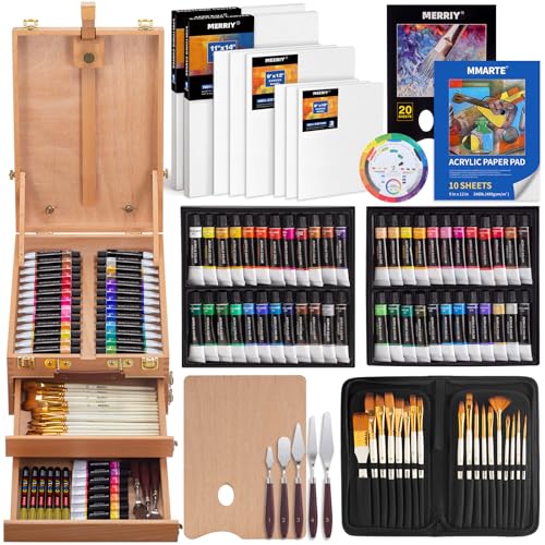 MERRIY 80-Piece Acrylic Paint Set, Artist Painting Supplies Kit with Tabletop Sketch Box Easel, 48 Colors Acrylic Paints,11"x 14"Stretched Canvas