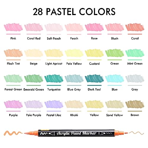 28 Pastel Colors Dual Tip Acrylic Paint Markers, Brush Tip and Fine Tip Acrylic Paint Pens for Rock Painting, Ceramic, Wood, Canvas, Plastic, Glass,