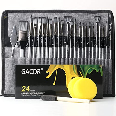 GACDR Acrylic Paint Brush Set, 24 Pieces Paint Brushes for Acrylic Painting with Cloth Roll Case and 2 Sponges, Pinceles para Acrilico for Oil GACDR
