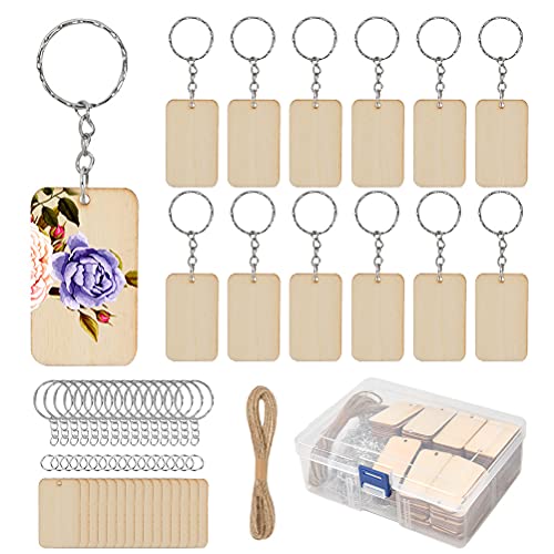 BUYGO, BUYGOO 80Pcs Blank Rectangle-Shaped Wooden Keychain Set, Unfinished Wood Pieces with 80pcs Key Rings and Hemp Rope Personalized Wood Keychain - WoodArtSupply