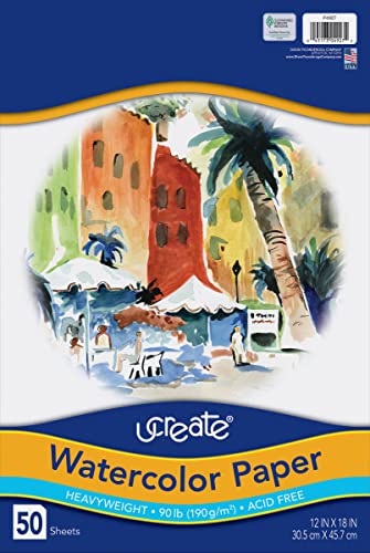 UCreate Watercolor Paper, White, Package, 90 lb., 12" x 18", 50 Sheets Art1st