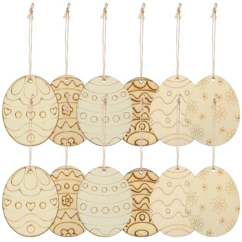 KALLORY Easter Egg Wooden Cutouts with Rope 60pcs Easter Egg Unfinished Wood Ornaments Egg Shaped Blank Wooden Slices for Easter Spring Hanging KALLORY