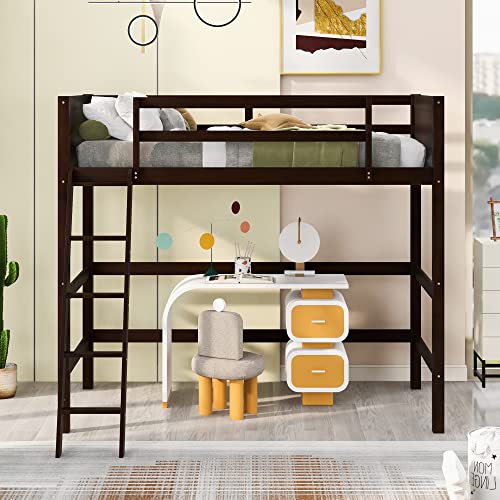 Merax Espresso Twin Modern Wood Loft Bed with Guardrail and Ladders - WoodArtSupply