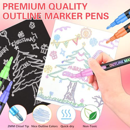 Gunsamg Outline Markers Double Line 48 Colors for Doodle Writing Shimmer Markers Pens Outline pens with Glitter, and Metallic Effects - WoodArtSupply